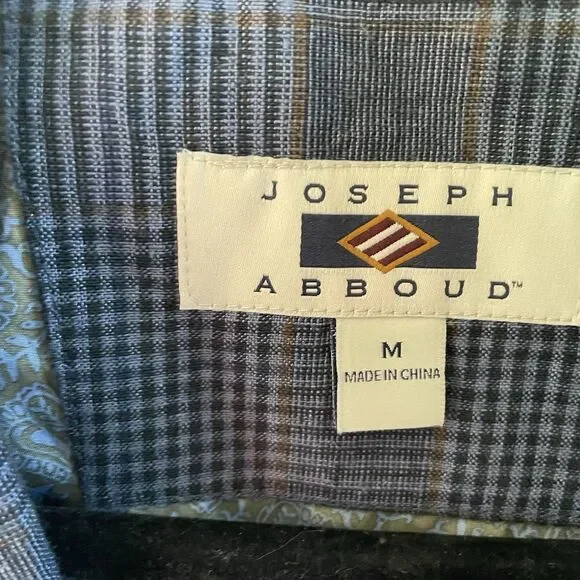 Joseph Abboud Sport Coat Mens Medium Blue 100% Linen Plaid Elbow Patches Jacket
